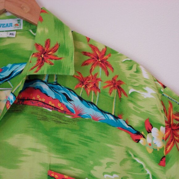 Hawaiian Shirt Floral Palm Trees Button Down Bright Colours Green Orange Size XL - Picture 4 of 12